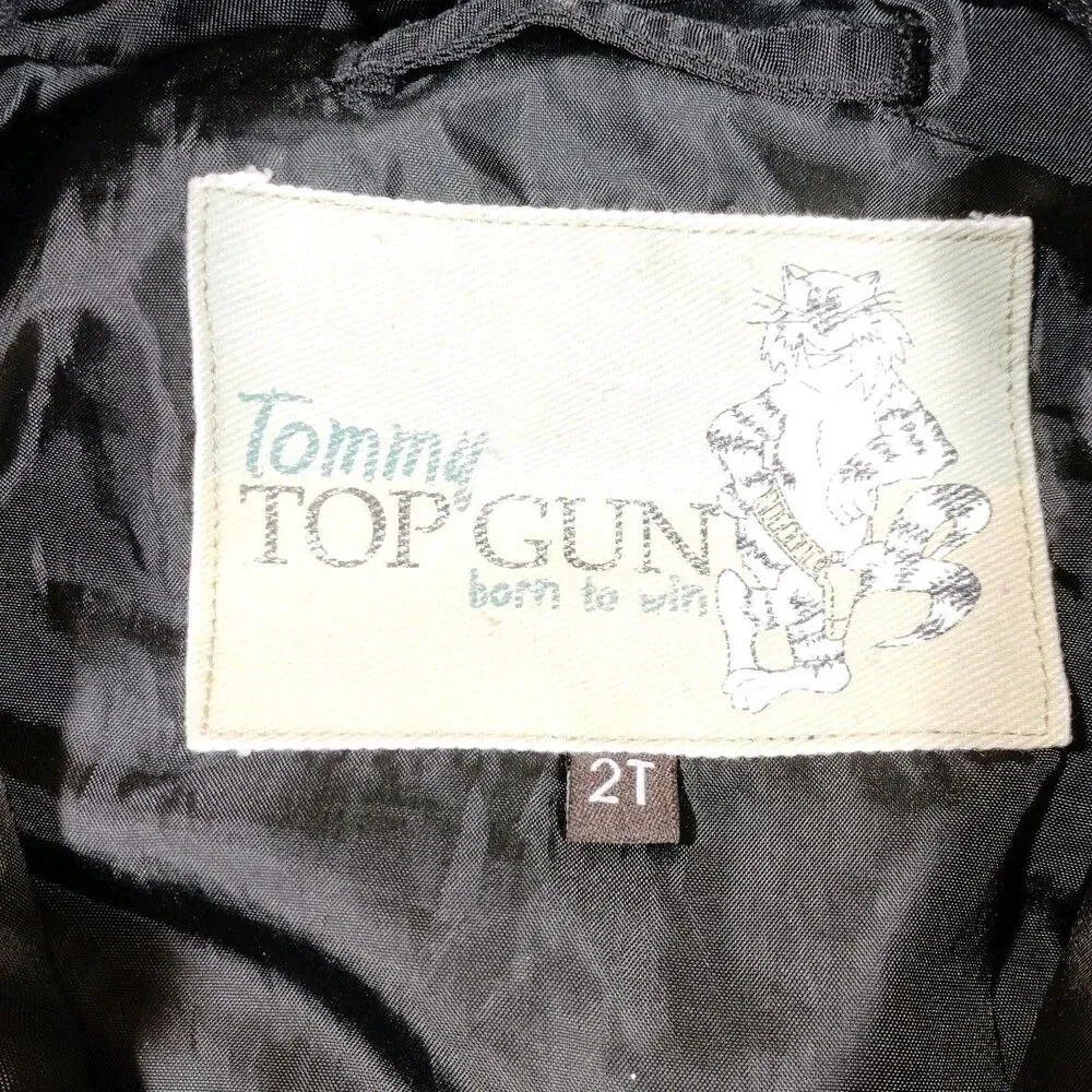 Tommy Top Gun Bomber Jacket Coat 2T Black Patches Military Full Zip Faux Fur